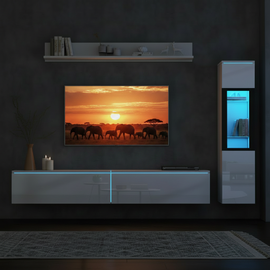 3-Piece TV Wall Unit Set with LED Lights - High Gloss White Living Room Furniture