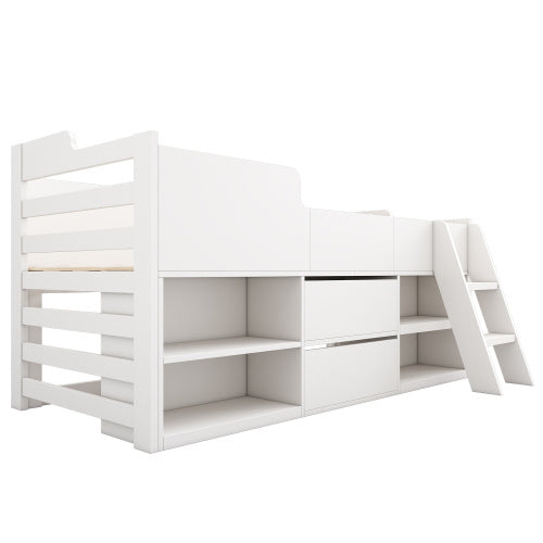 White Cabin Mid Sleeper Bed with Storage - 3FT Single Kids Bed with Drawers & Shelf