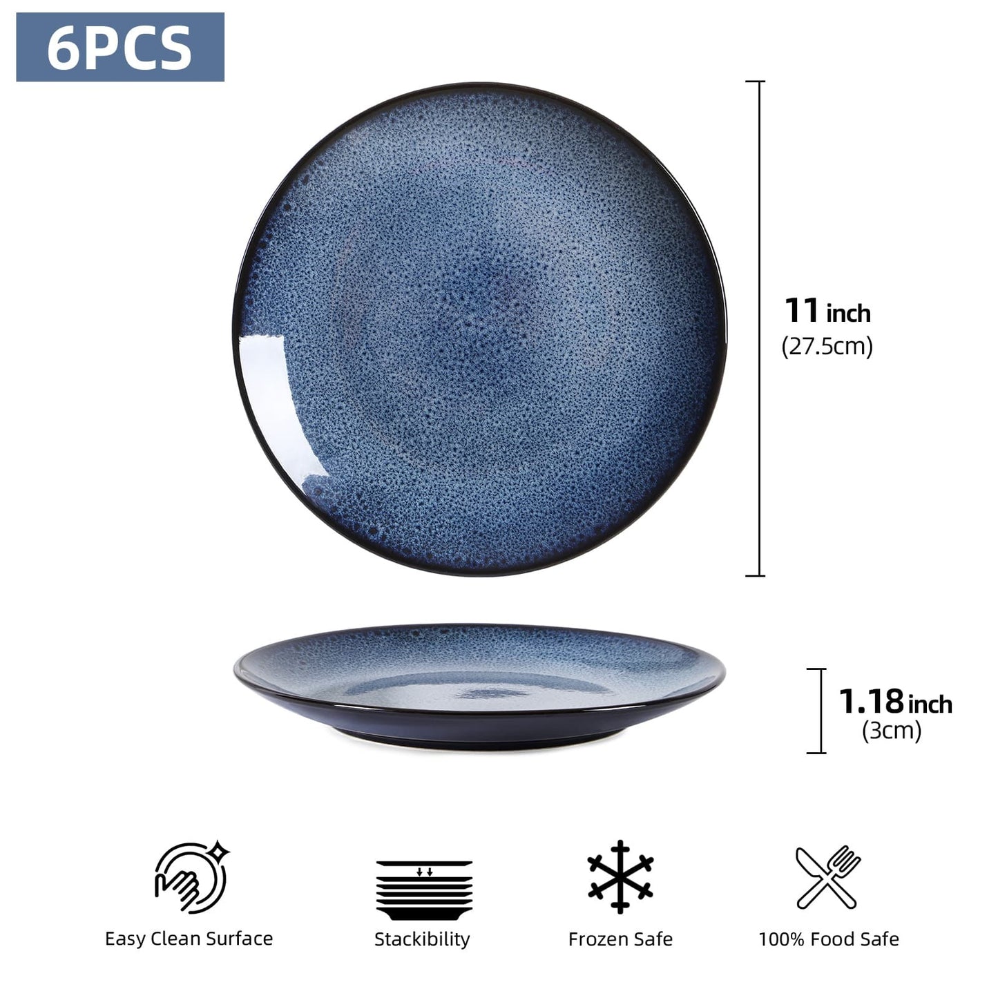 Ceramic Dinner Plates Set of 6 - Multi-Purpose Serving Plates for Steak, Pasta & Salad"