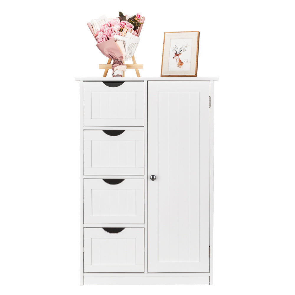 4-Drawer Single Door Bathroom Storage Cabinet - White Floor Standing Cabinet
