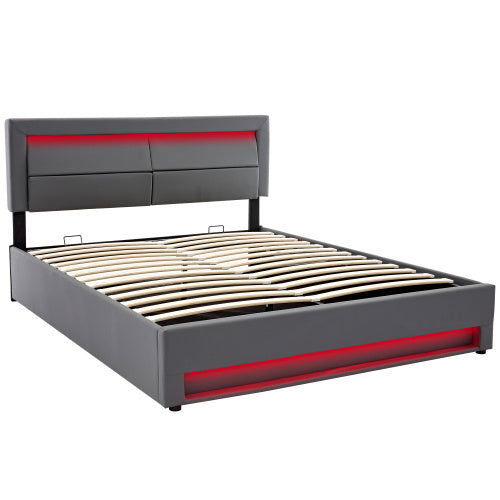 King Bed Frame with Wireless Charging, LED Lights & Storage - Grey PU Leather