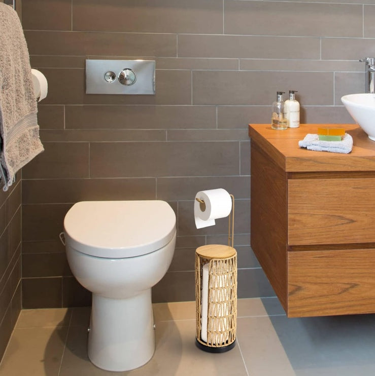 Freestanding Toilet Paper Holder with Storage - Handmade Woven Rattan Stand (3 Rolls)