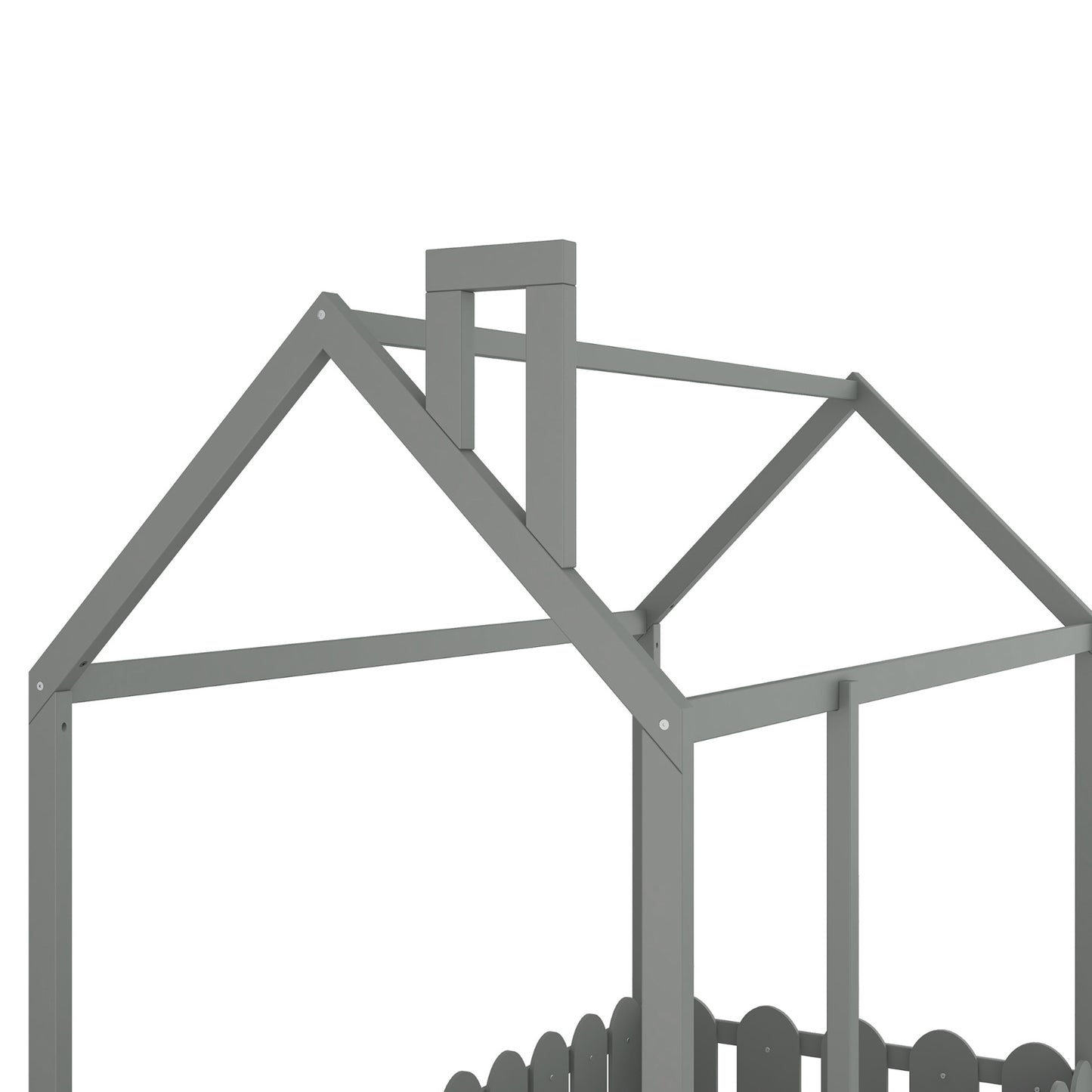 White Twin House Bed Frame with Fence for Kids & Teens - No Slats Required