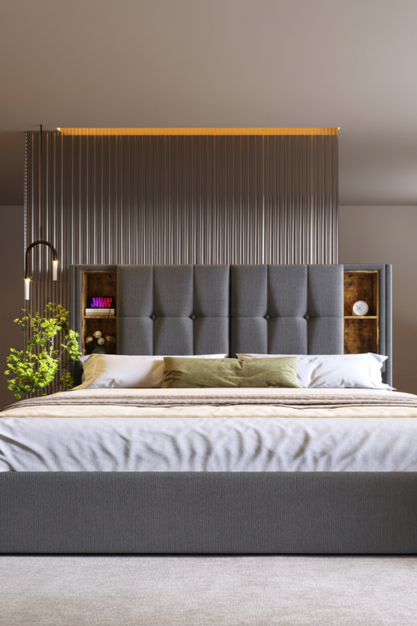 Grey 5FT King Size Upholstered Storage Bed with Wireless Charging | 150 x 200cm