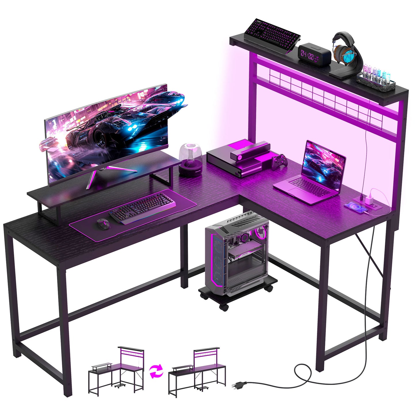 L-Shaped Gaming Desk with RGB LED Lights & Power Outlets - 61.6" Ultimate Gaming Station