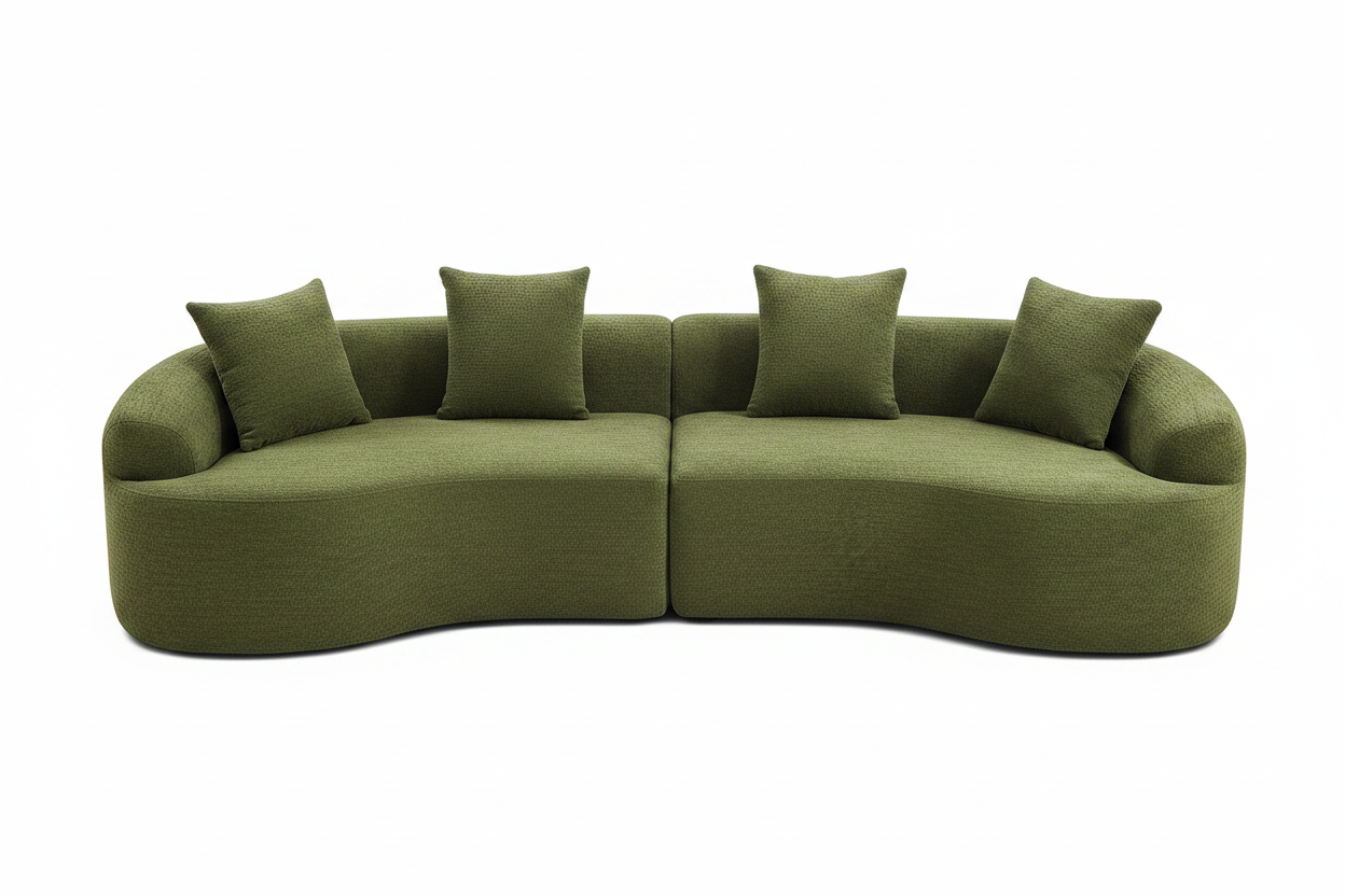 Front-facing full width shot of curved green chenille sofa