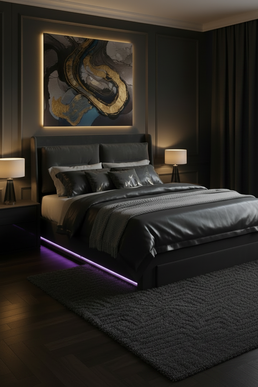 Modern bedroom with dark walls, a bed with black bedding, and abstract art on the wall.