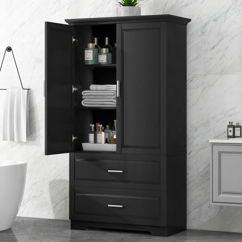 High Bathroom Storage Cabinet - 63" Tall Cabinet with 2 Doors and Drawers (Black)