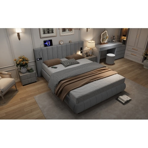 Grey Velvet King Bed with Stereo, LED Lights & USB Charging - 150x200cm