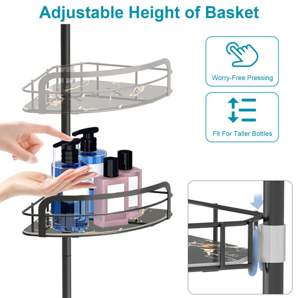 Corner Shower Caddy Tension Pole - 4-Tier Adjustable Shelf (Drill Free)