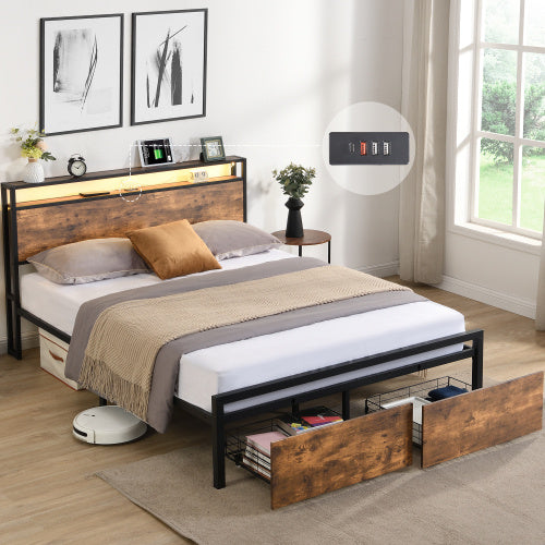 Queen Bed Frame with LED Lights, Storage Drawers & Charging Station - Grey