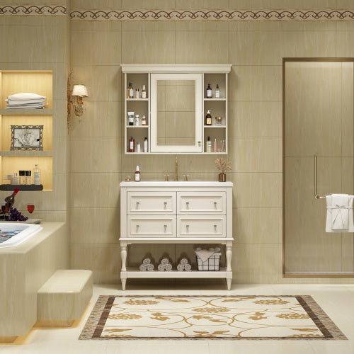 36" Bathroom Vanity with Medicine Cabinet - Luxury Beige Storage Cabinet with 4 Drawers
