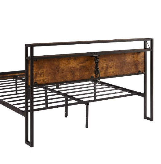 King Size Metal Platform Bed with Wooden Headboard, Footboard & USB Ports