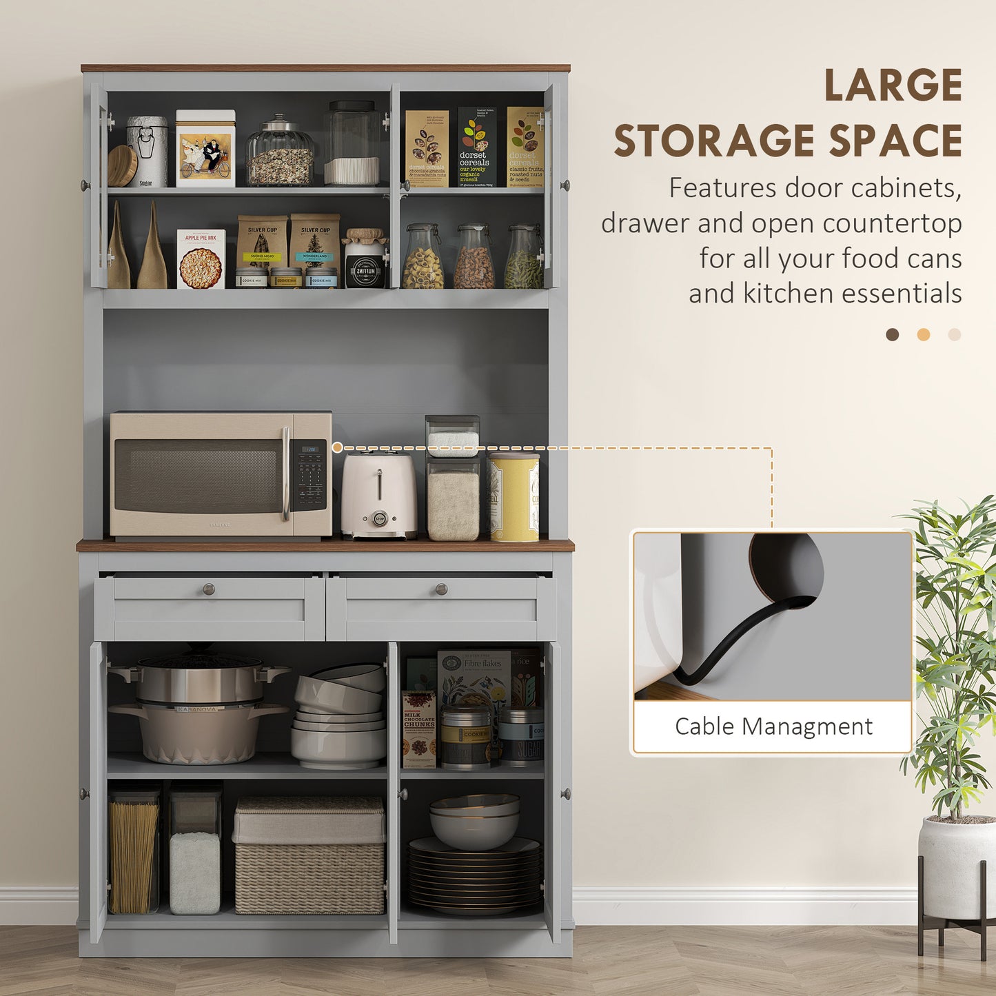 71" Kitchen Pantry Cabinet with Microwave Stand - Gray Hutch with 2 Drawers