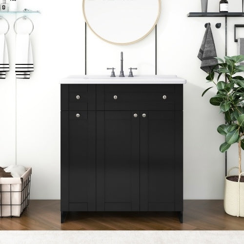 30" Black Bathroom Vanity with Ceramic Sink - Modern Storage Cabinet with Soft-Close Doors