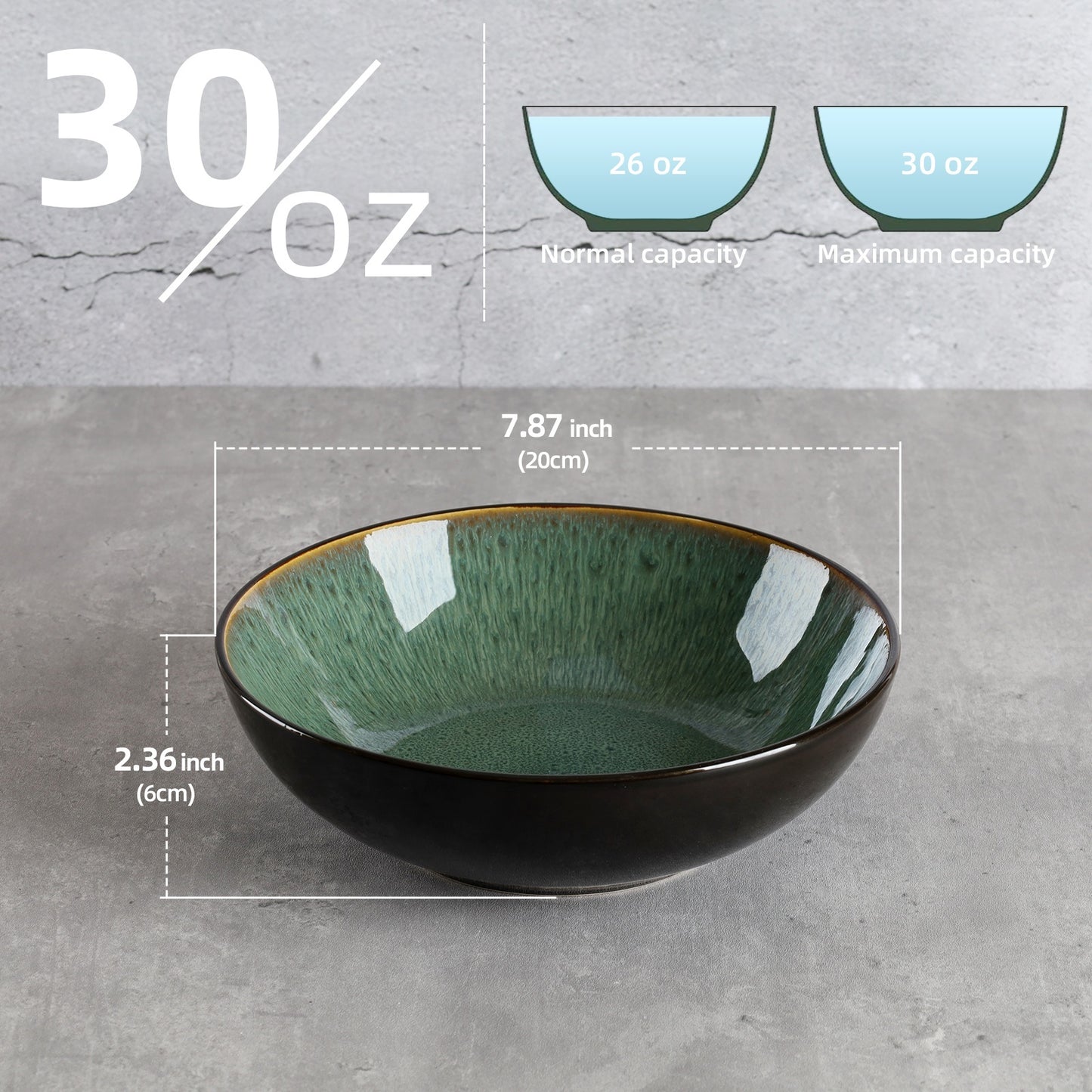 Creative Western Kiln Change Peacock Green Bowl 30oz - Set of 4 for Cereal, Salad, Pasta & Soup
