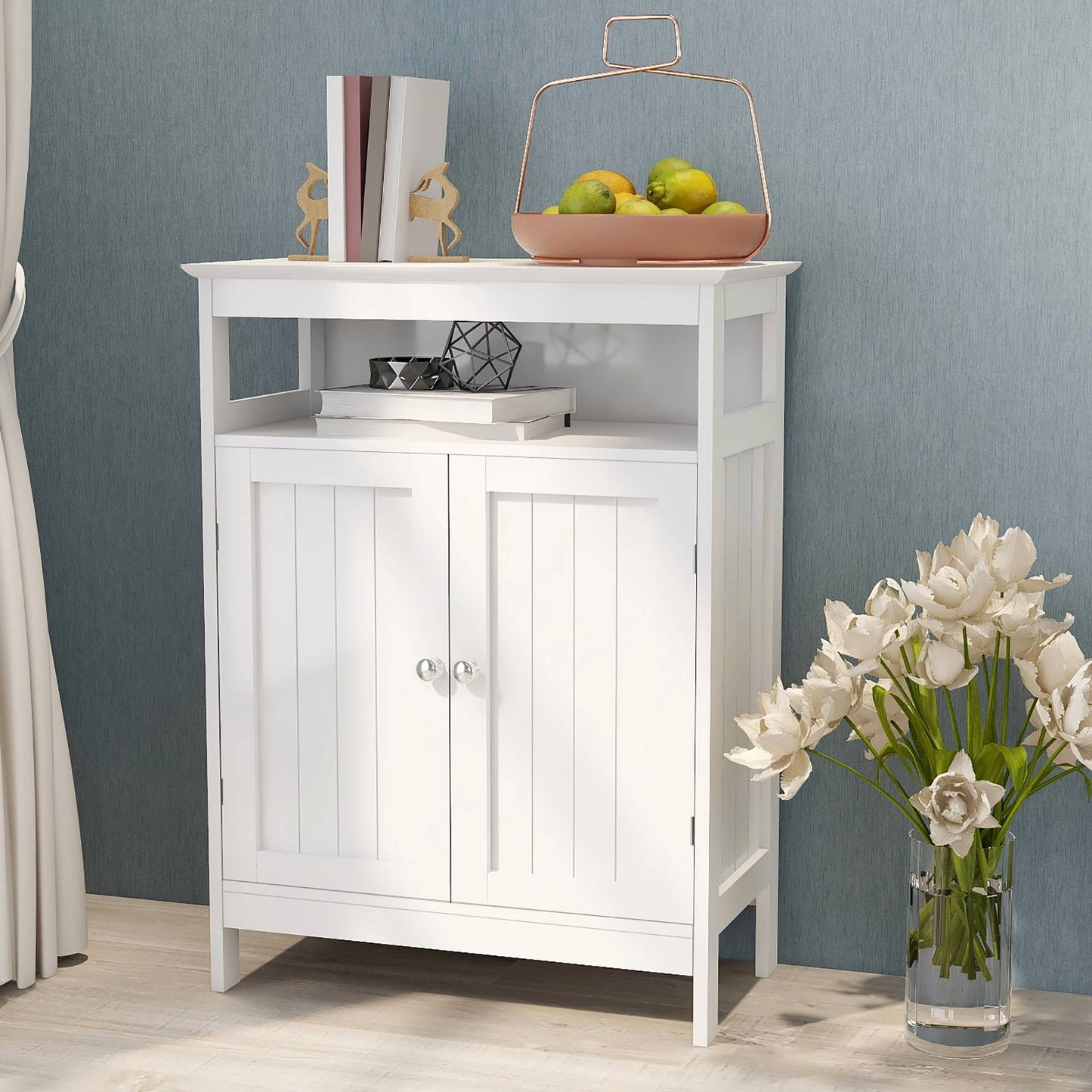 Bathroom Standing Storage Cabinet White Double Shutter Doors Cabinet