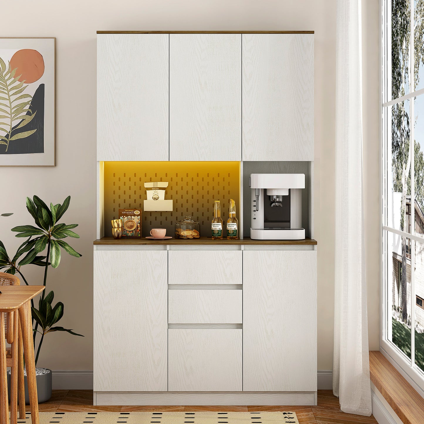 74" Kitchen Pantry Cabinet with Charging Station - Modern Cabinet with LED Lights & Microwave Stand