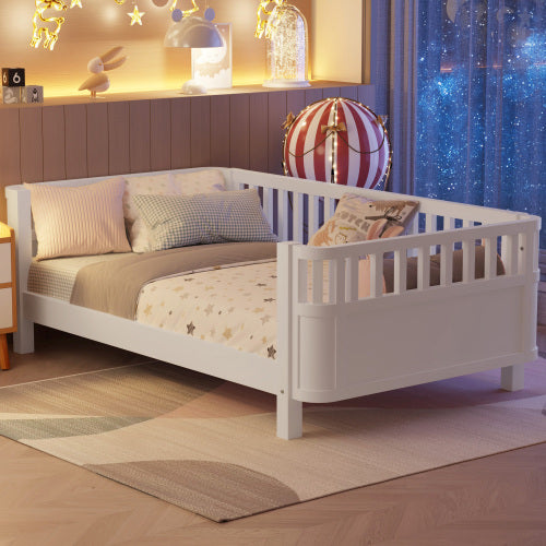 White Twin Platform Bed for Kids - Low Profile Wooden Bed Frame with Safety Rails