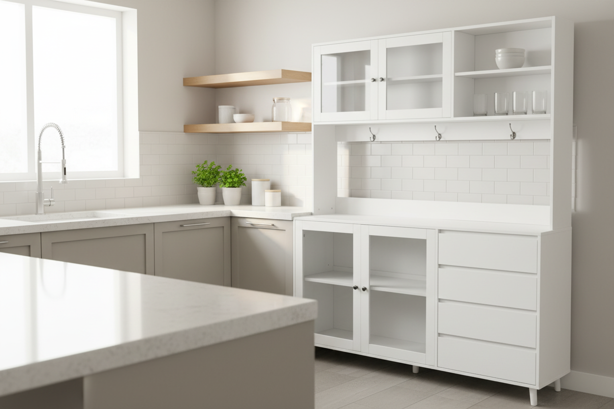 63" Large Kitchen Hutch Cabinet - Freestanding Pantry with 4 Doors, 4 Drawers & Microwave Shelf