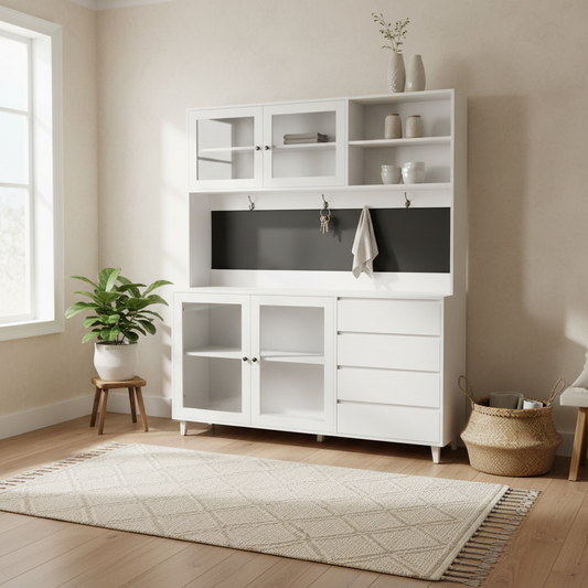 63" Large Kitchen Hutch Cabinet - Freestanding Pantry with 4 Doors, 4 Drawers & Microwave Shelf