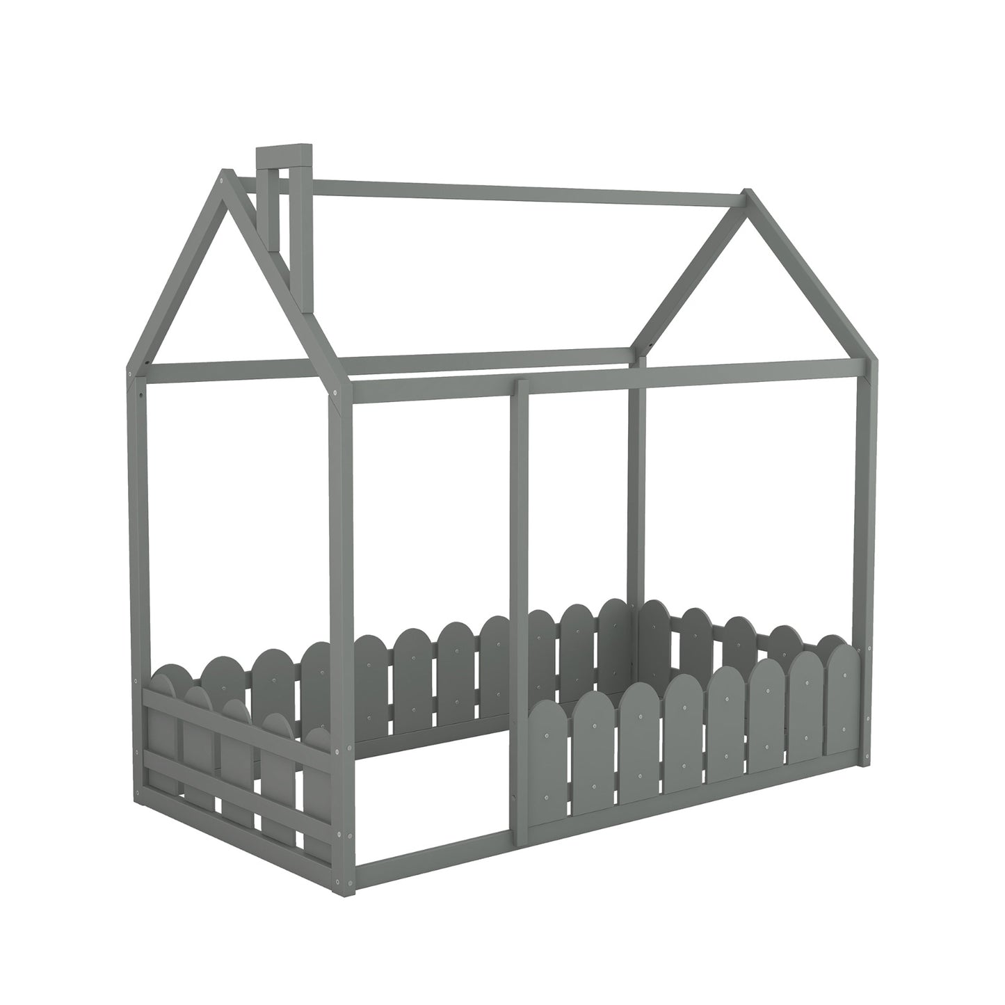 White Twin House Bed Frame with Fence for Kids & Teens - No Slats Required