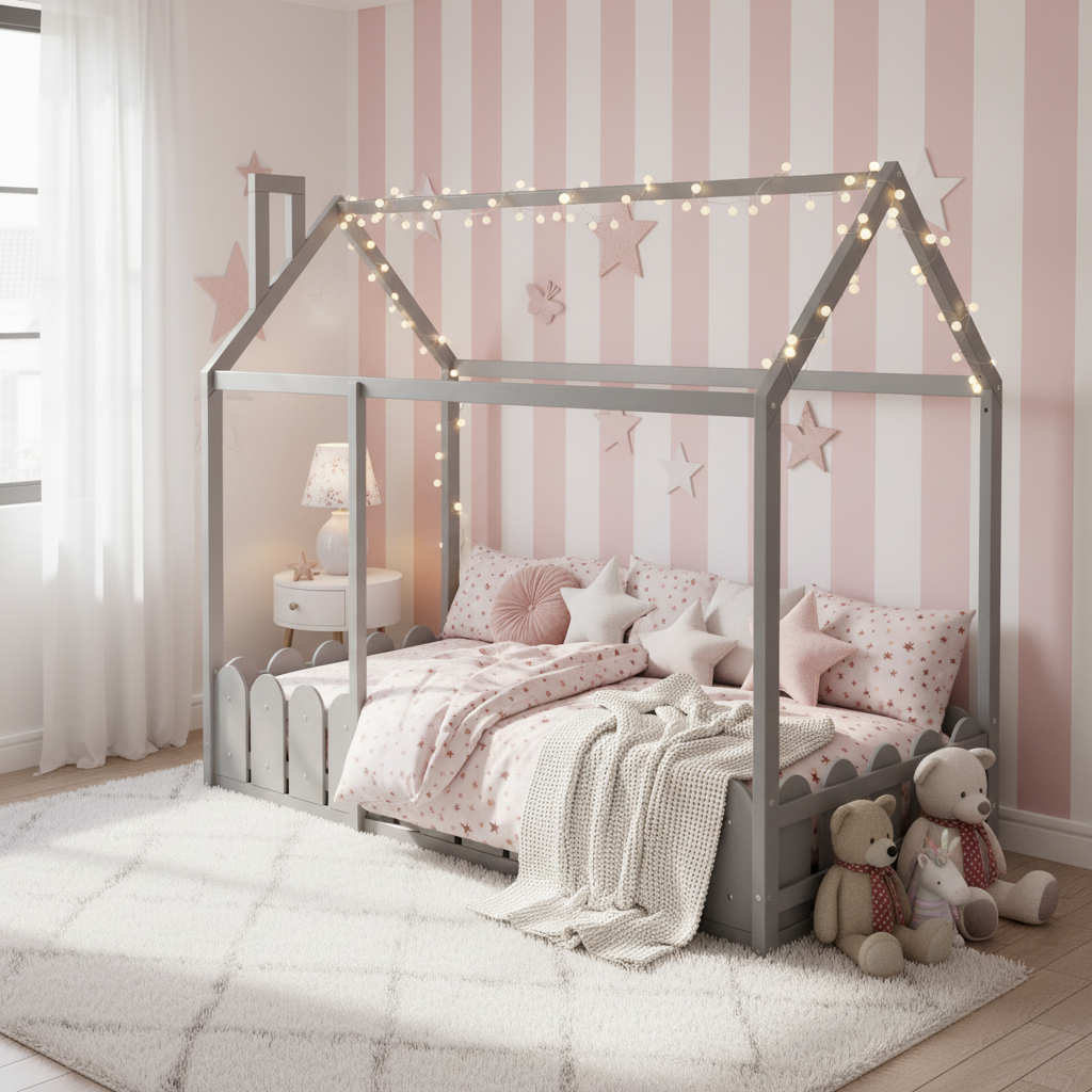 White Twin House Bed Frame with Fence for Kids & Teens - No Slats Required