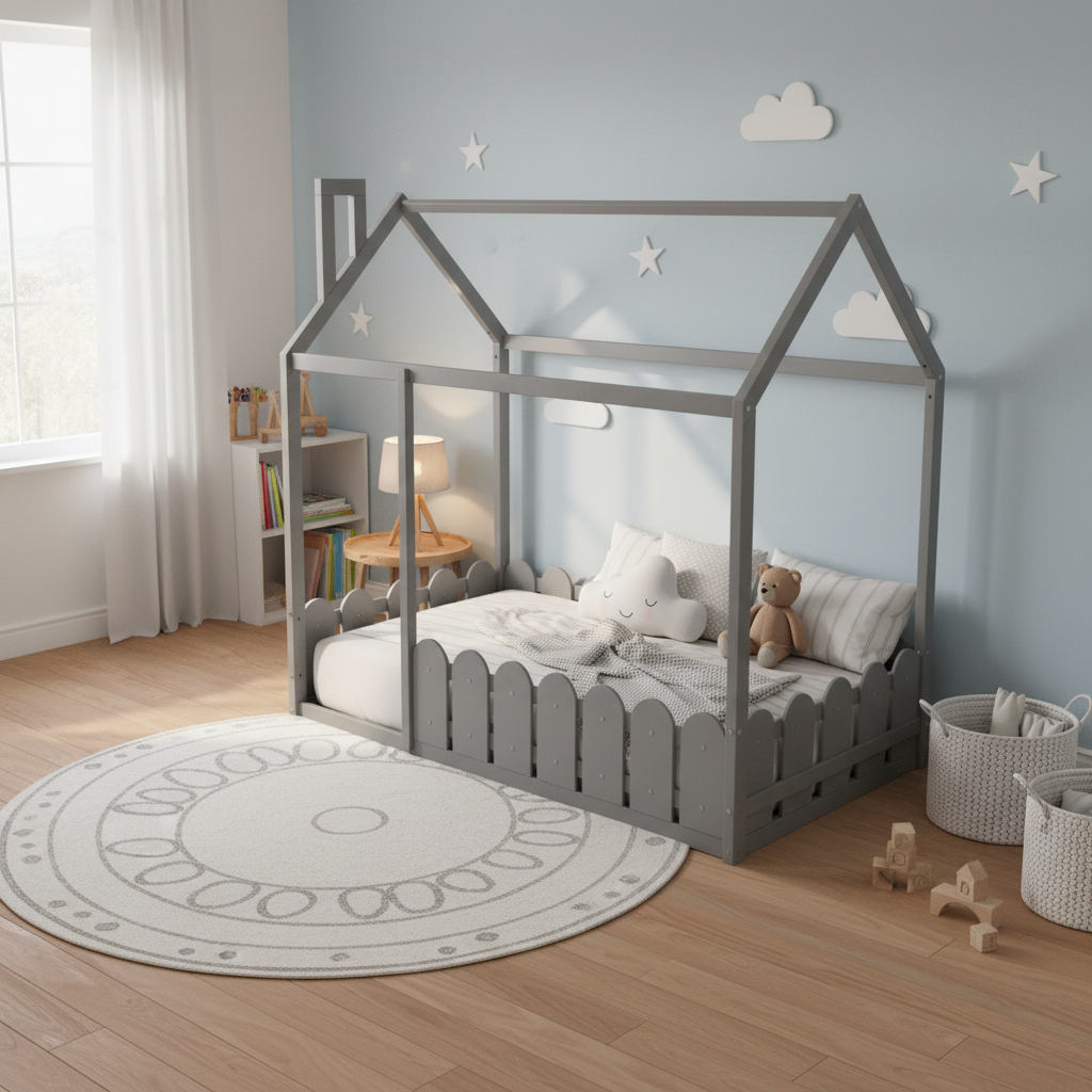 White Twin House Bed Frame with Fence for Kids & Teens - No Slats Required