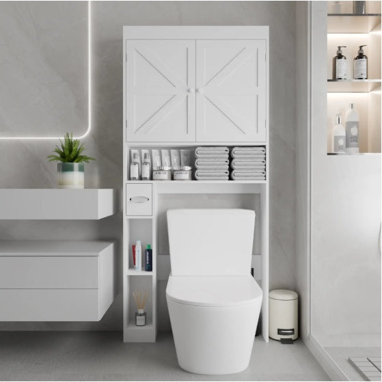 Over The Toilet Storage Cabinet with 2 Doors - Farmhouse Style Space Saving Bathroom Rack
