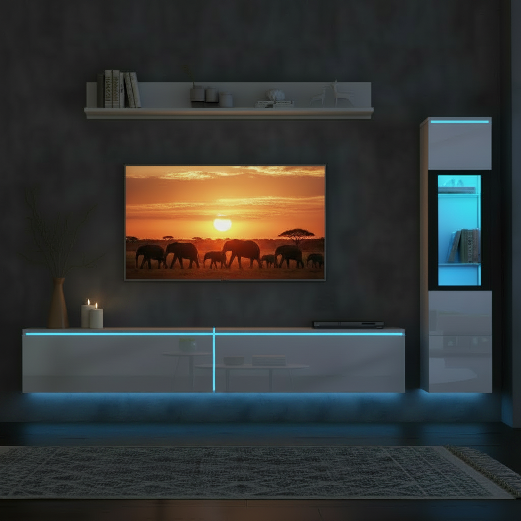 3-Piece TV Wall Unit Set with LED Lights - High Gloss White Living Room Furniture