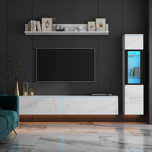 3-Piece TV Wall Unit Set with LED Lights - High Gloss White Living Room Furniture