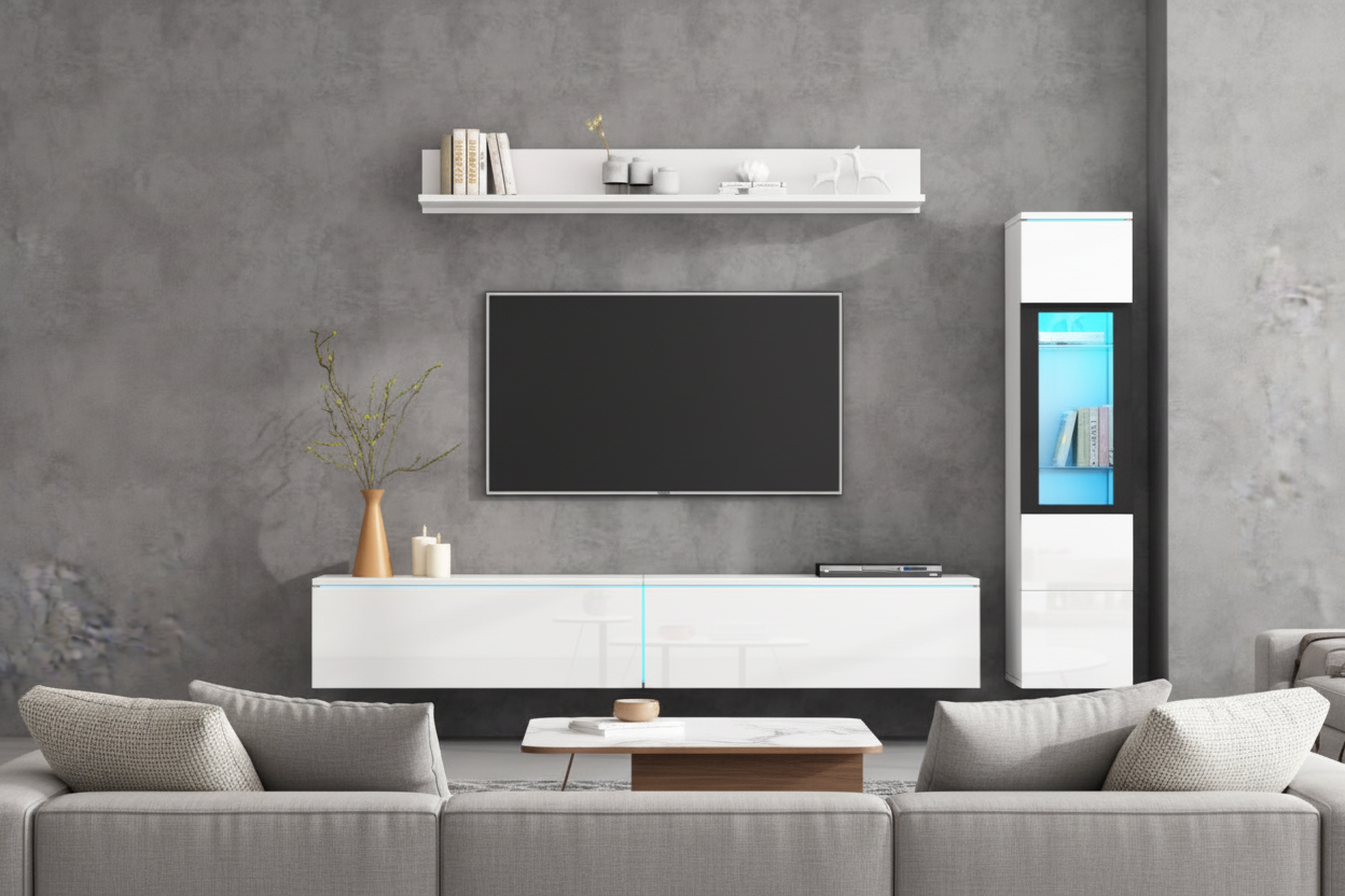 3-Piece TV Wall Unit Set with LED Lights - High Gloss White Living Room Furniture