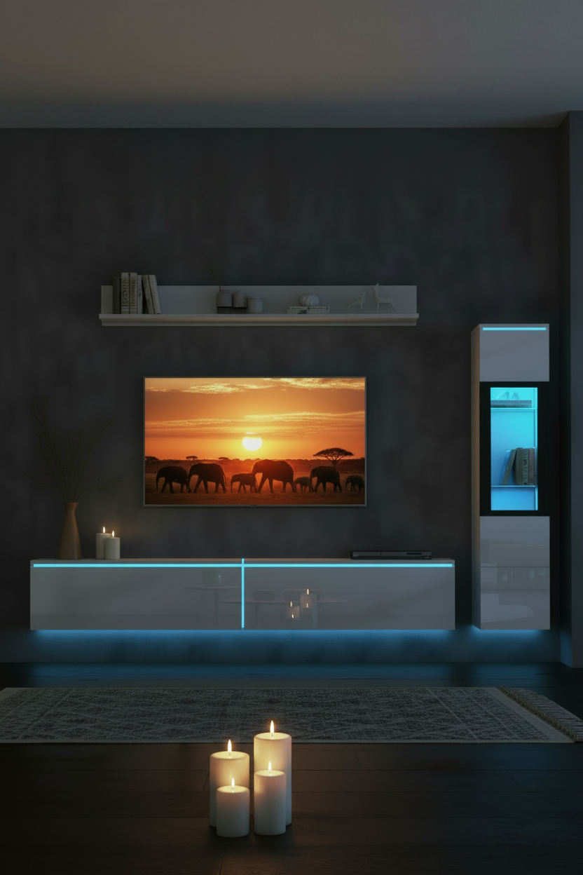 3-Piece TV Wall Unit Set with LED Lights - High Gloss White Living Room Furniture