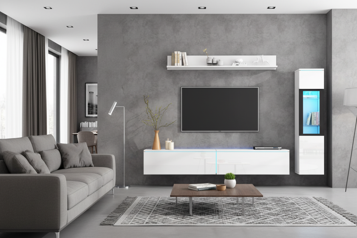 3-Piece TV Wall Unit Set with LED Lights - High Gloss White Living Room Furniture