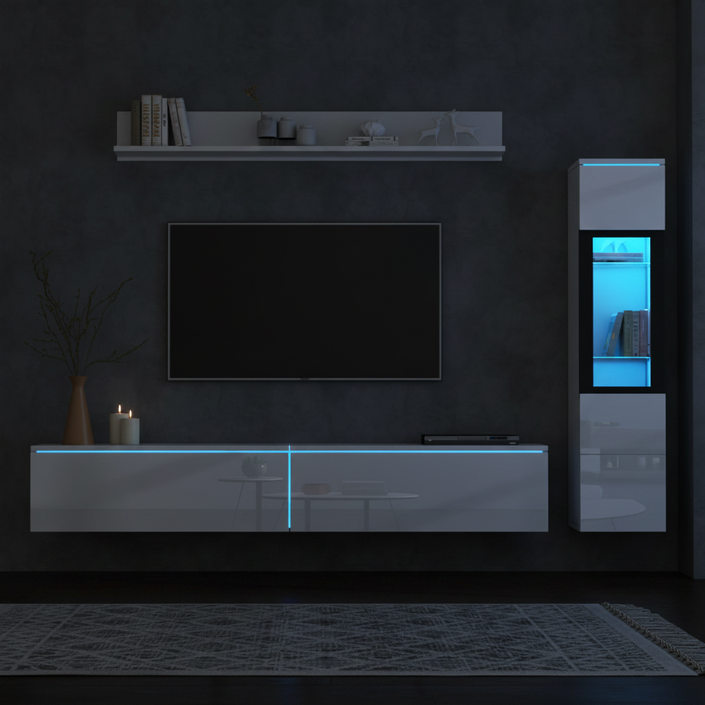 3-Piece TV Wall Unit Set with LED Lights - High Gloss White Living Room Furniture