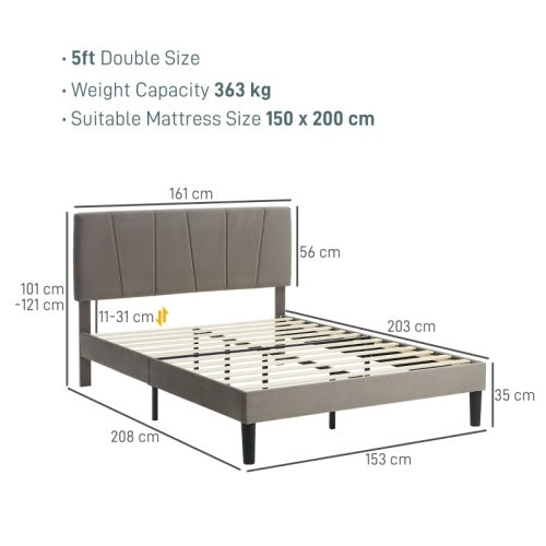 HOMCOM Grey Velvet King Bed Frame - Upholstered Bed with Plush Headboard