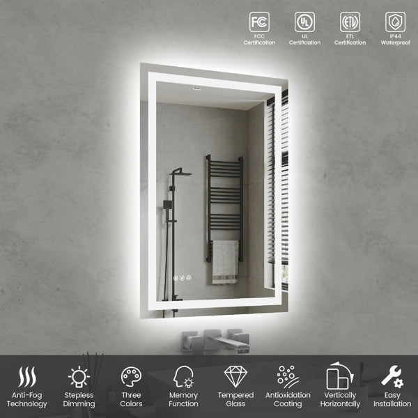 24" x 36" LED Bathroom Mirror - Modern Illuminated Wall Mirror with Touch Control