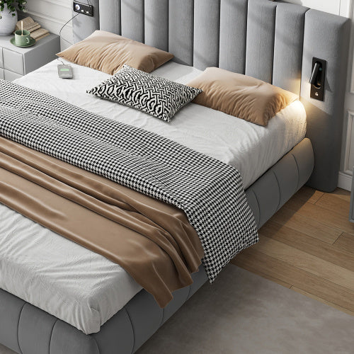 Grey Velvet King Bed with Stereo, LED Lights & USB Charging - 150x200cm