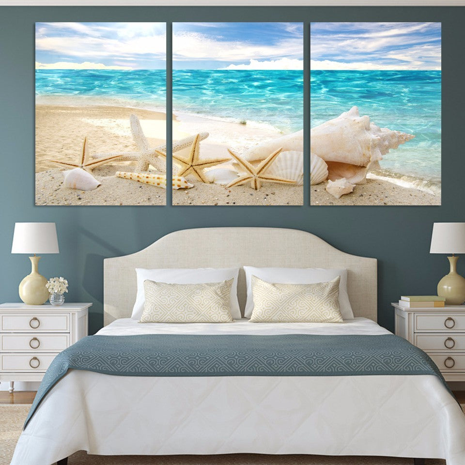 Starfish Canvas Wall Art Set of 3 - Modern Coastal Beach Decor for Living Room