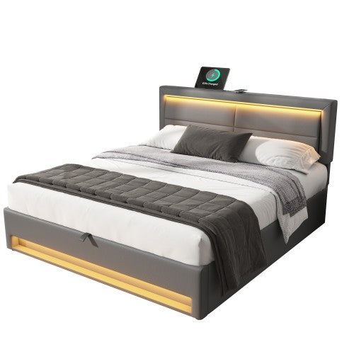 King Bed Frame with Wireless Charging, LED Lights & Storage - Grey PU Leather