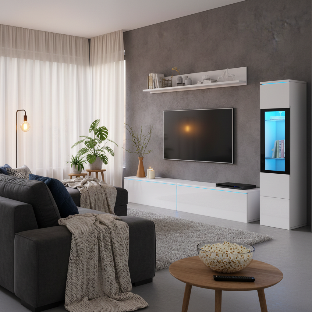 3-Piece TV Wall Unit Set with LED Lights - High Gloss White Living Room Furniture