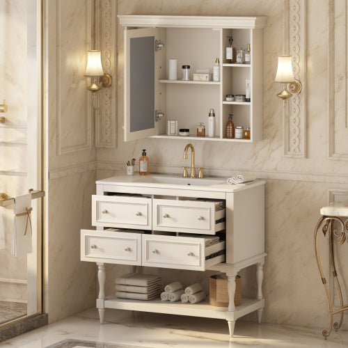 36" Bathroom Vanity with Medicine Cabinet - Luxury Beige Storage Cabinet with 4 Drawers