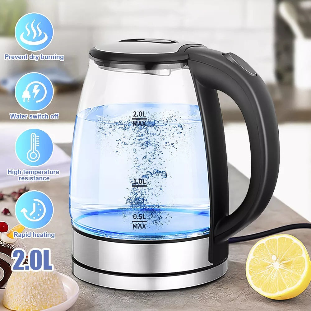 2L Glass Electric Kettle with Blue LED Light - Fast Boil 1800W Cordless Kettle