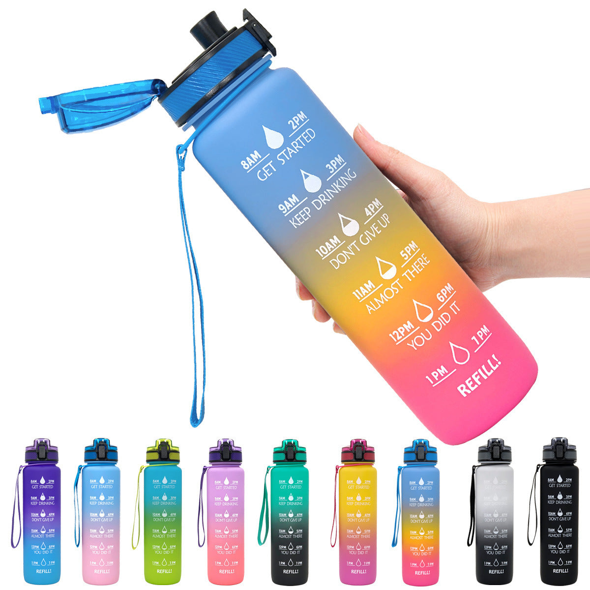 1L Motivational Water Bottle with Time Marker - BPA Free Sports Bottle with Flip Lid