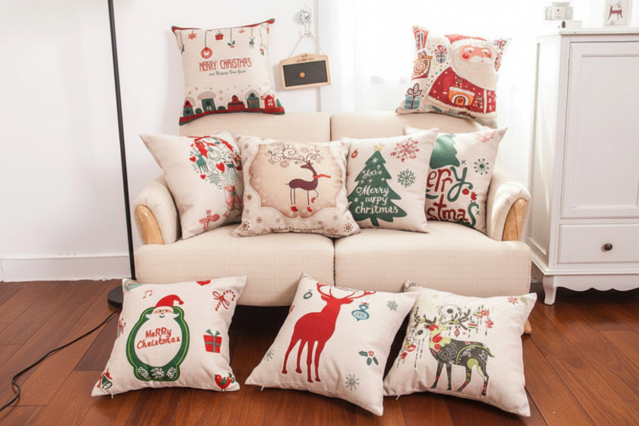 Christmas Linen Pillowcase - Festive Cushion Cover for Holiday Decor