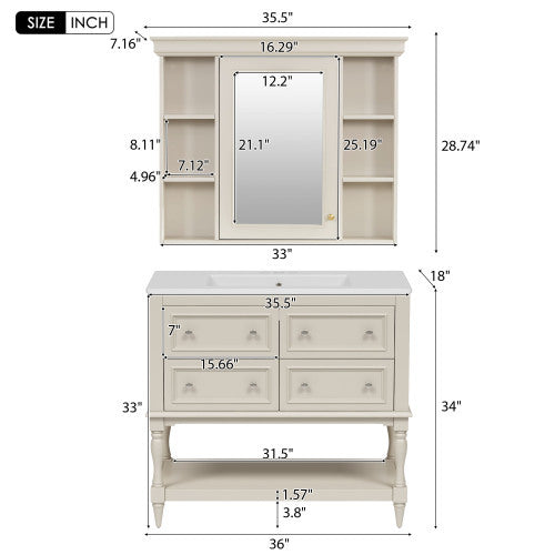 36" Bathroom Vanity with Medicine Cabinet - Luxury Beige Storage Cabinet with 4 Drawers