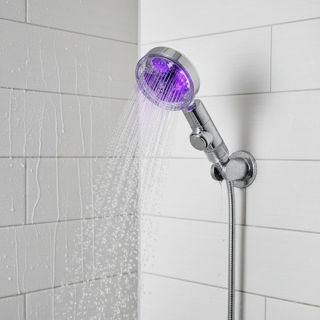 Shower head with purple interior and clear handle on a gray background