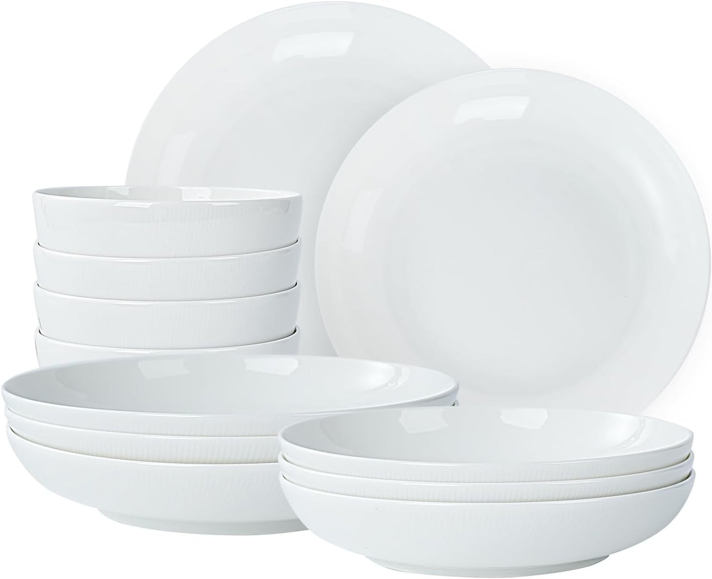 Setaria Bone China Dinnerware Set - 12 Pieces Service for 4 (Ivory White with Narrow Curve Stripe)