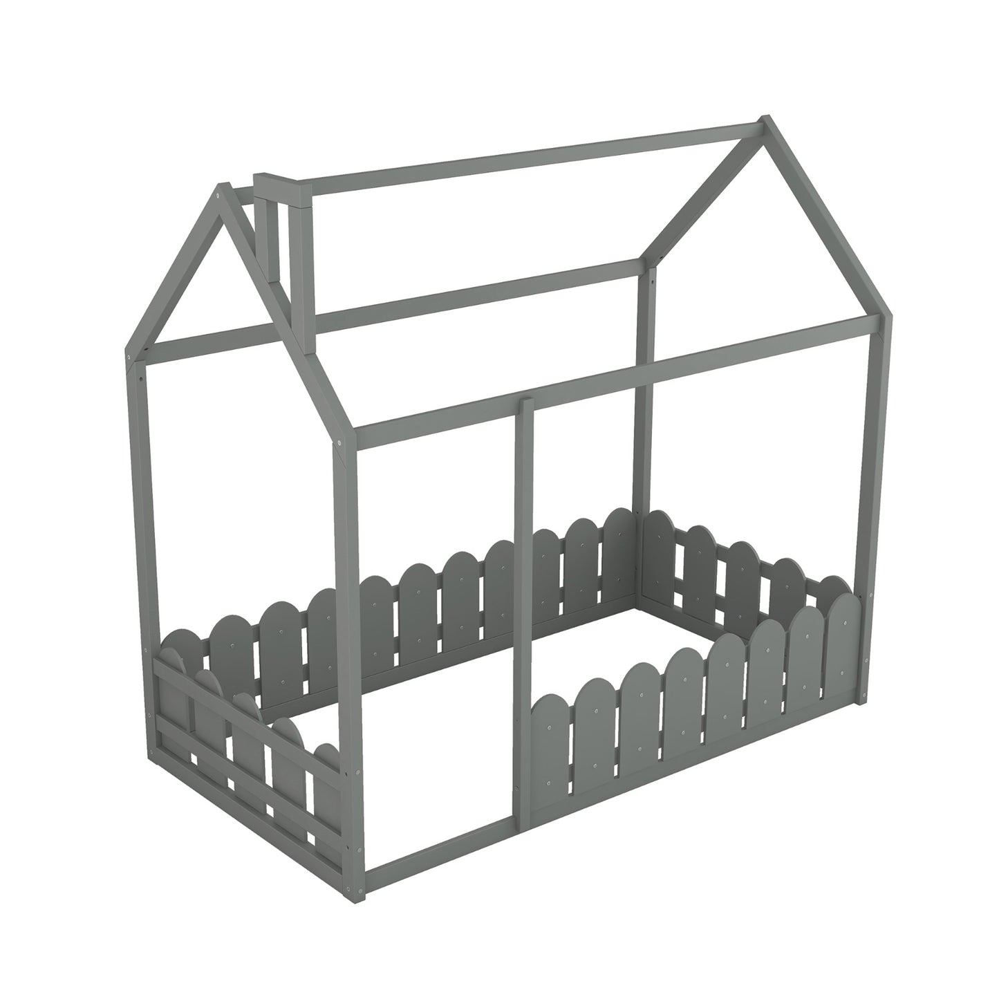 White Twin House Bed Frame with Fence for Kids & Teens - No Slats Required