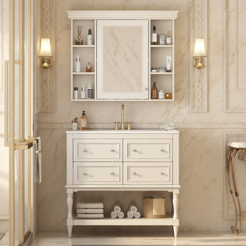 36" Bathroom Vanity with Medicine Cabinet - Luxury Beige Storage Cabinet with 4 Drawers